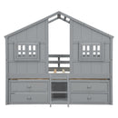 Full Size House Loft Bed with Roof, Windows,4 Storage Drawers,Pine Wooden Bed with Safety Guardrails,Ladder,Grey