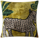 Handmade Silk Velvet Animal Motif Throw Pillow - 20x20, Vibrant Yellow with Green and Beige Design, Down Feather Insert