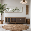 Mid-Century Modern style 2 in 1 PET FRIENDLY Walnut TV STAND Cat house With Sliding glass door flip-down