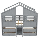 Full Size House Loft Bed with Roof, Windows,4 Storage Drawers,Pine Wooden Bed with Safety Guardrails,Ladder,Grey