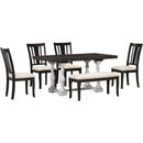 Traditional 6-Piece 78inch Trestle Extendable Dining Table Set with One 18inch Removable Leaf, Padded Dining Chairs and Bench,Distressed White