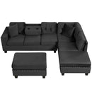 Modern Sectional Sofa with Storage Ottoman, L-Shape Couch with 2 Pillows and Cup Holders, Black Velvet, 105'