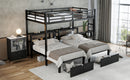 Full XL Over Twin & Twin Triple Bunk Bed with Drawers, Multi-functional Metal Frame Bed, Bed Head with Shelving & USB, Black
