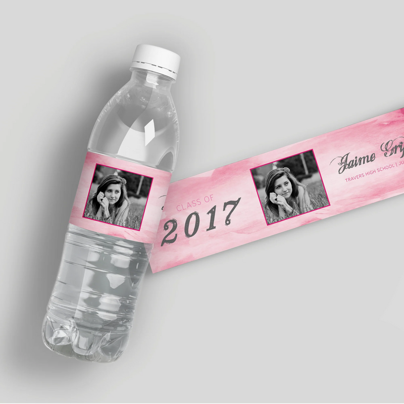 Pink Watercolor Graduation Water Bottle Labels