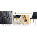 Table and chair set.Luxurious Snow Mountain White Slab Round Dining Table Set - 47'x47' with 4 Black PU Chairs with Simple Line Designs On The Backrest .Golden Metal Legs.