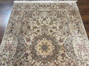 Pak Persian Rug 4x6, Floral Medallion, Beige, Wool and Silk Highlights, Vintage Handmade Rug