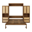 Full Size Solid Wood With Rattan Murphy Bed Cabinet Space-Saving Bed with 2 Side Cabinet Storage Shelves, Perfect for Guest Room, for Bed Room, Guest Room, Home Office, Walnut