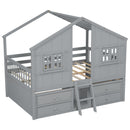 Full Size House Loft Bed with Roof, Windows,4 Storage Drawers,Pine Wooden Bed with Safety Guardrails,Ladder,Grey