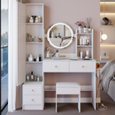 Full Body Mirror Cabinet + Round Mirror LED Vanity Table + Cushioned Stool, With 2 AC + 2 USB Power Station,17' diameter LED Mirror, Touch Control, 3-color, Brightness adjustable, Large Desktop