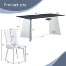 Table and chair set.63'x31.5x30' Black Marble-Patterned Slabs Tabletop with Stainless Steel Butterfly Legs.Paired with 4 white PU dining chairs with a vertical stripe design on the backrest.