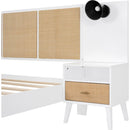 Queen Size Solid Wood Bed Frame with 2 Nightstands, Elegant Design with Lamps, Rattan and Wood Combination,White