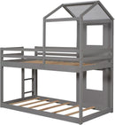 Twin Over Twin House Bunk Bed With Roof And Ladders Grey