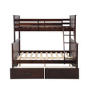 Espresso Wooden Twin Over Full Bunk Bed with Storage Drawers, Ladder, and Safety Guard Rails