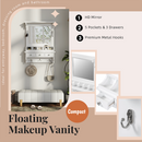 Floating Makeup Vanity with Big Mirror, Wall-Mounted Storage Vanity with Drawers, Pockets & Hooks, Space-Saving Decorative Home Organizer, White, Engineered Wood, 23.8 x 6.1 x 31.8 inches