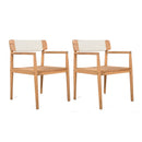 Creative Braided Acacia Wood Outdoor Dining Table and Chairs with Armrests, Teak Look & White Rope, Set of 2