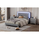 Full Size Upholstered Bed Frame with LED Lights,Modern Velvet Platform Bed with Tufted Headboard,Gray
