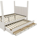 Full Size Upholstery Canopy Platform Bed with Trundle and Three Storage Drawers, Beige