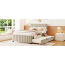 Full Size Velvet Upholstered Platform Bed with Twin Size Trundle, Beige