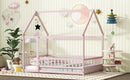 Full Size House Floor Wooden Bed with Roof Frame, Safety Guardrails,Pink