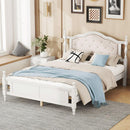 Queen Pine wooden Bed with Upholstered Headboard and Panel Footboard, with Two Bed Rail Support Feet and Central Platform Support Feet, White