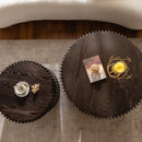 Vintage Fashion Style Cylindrical Nesting Coffee Table Set with Vertical Textured Embossed Design for Living Room, Office and Dining Room, Dark Brown (Set of 2)