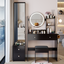 Full Body Mirror Cabinet + Round Mirror LED Vanity Table + Cushioned Stool, With 2 AC + 2 USB Power Station,17' diameter LED Mirror, Touch Control, 3-color, Brightness adjustable, Large Desktop