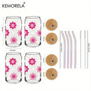 470ml pink smiling flower glass tumbler with bamboo lid kitchen glass