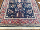Dark Blue Indo Persian Rug 4x6, Medium Size Hand Knotted Oriental Carpet, Traditional Floral Indian Rug, Blue and Red Entryway Rug, Wool Rug