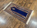 Indo Persian Prayer Rug 3x5, Fine Oriental Carpet, Dark Blue and Red, Vintage Hand Knotted Handmade Prayer Rug