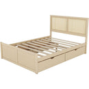 Queen Size Wood Storage Platform Bed with 4 Drawers, Rattan Headboard, Nature