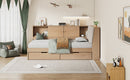 Wooden Twin Size L-shaped Daybed Corner Bed Under-bed Drawers  with Storage Bookcase and Upholstered Headboard and USB Charging Ports for Limited Space,Natural