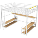 Full Size Metal Loft Bed with Desk, Storage Shelves and Charging Station, White