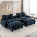 Contemporary Chenille Upholstered Sectional Sofa with Ottomans, USB Ports, Cup Holders & Storage, Blue