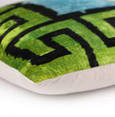 Greek Key Velvet Pillow in Green & Blue – Handmade 24x24 Inch Square