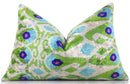 Luxury Silk Velvet Pillow 16x24 – Handmade Green & Turquoise Ikat Lumbar Cushion