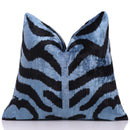 Blue Black Zebra Silk Velvet Pillow – 16x16 Handmade Ikat Cushion
