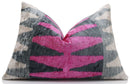 Luxury Pink, Charcoal and Natural Silk Velvet Ikat Lumbar Pillow 16x24 Inch with Down Insert