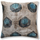 Handwoven Organic Silk Velvet Throw Pillow 20x20 – Neutral Taupe with Teal Ikat Motif