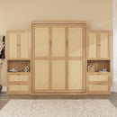 Full Size Solid Wood With Rattan Murphy Bed Cabinet Space-Saving Bed with 2 Side Cabinet Storage Shelves, Perfect for Guest Room, for Bed Room, Guest Room, Home Office, Natural