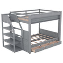 Wood Full Size Convertible Bunk Bed With Storage Staircase, Bedside Table, And 3 Drawers - Gray