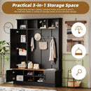 ON-TREND Versatile 3-in-1 Hall Tree with 6 Hooks, Farmhouse Walnut Storage Bench with Adjustable Shelves, 55'W Modern Entryway Coat Rack with Multiple Storage Space for Mudroom, Living Room, Black