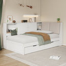 White Wooden Full Size L-shaped Daybed with Storage Bookcase, Upholstered Headboard, USB Charging Ports