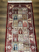 Turkish Silk Runner Rug 2.6 x 11.6, Panel Design, Dark Red Ivory, Bamboo Silk, New