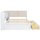 White Wooden Full Size L-shaped Daybed with Storage Bookcase, Upholstered Headboard, USB Charging Ports