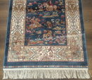 Turkish Silk Hunting Scene Rug 2.6 x 5, Dark Steel Blue & Ivory, Bamboo Silk, New