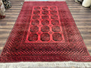 Afghan Turkoman Rug 7x10, Vintage Yamud Beshir Bokhara Carpet, Red and Black Bukhara Hand-Knotted Oriental Wool Handmade Rug, Elephant Foot