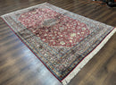 Indian Kashmiri Silk Rug 6x9, Red and Navy Blue, Floral Medallion, Fine 275 KPSI