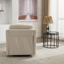 cream white fabric swivel rotating accent chair with USB and magazine book for living room and hotel bed room