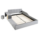 Queen Size Upholstered Grounded Bed, Mother & Child Bed with Bedside Desk and Little Round Stool, Velvet, Gray