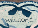 Small American Hooked Rug, Vintage Welcome Mat, Heart Shaped, Ivory and Blue